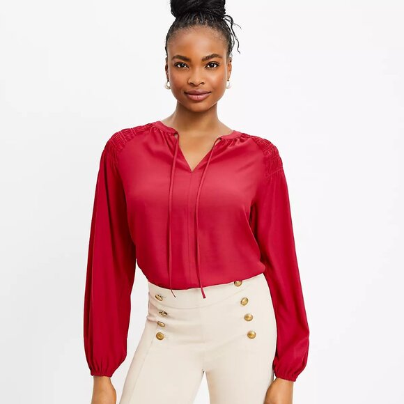 LOFT Tops - NWT LOFT Smocked Shoulder Tie Neck Women's Blouse 12/L Toasted Pink